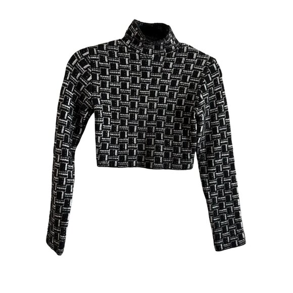 Zara Sz S Black White Geometric Printed Jacquard Knit Cropped Turtleneck Sweater - Picture 2 of 9
